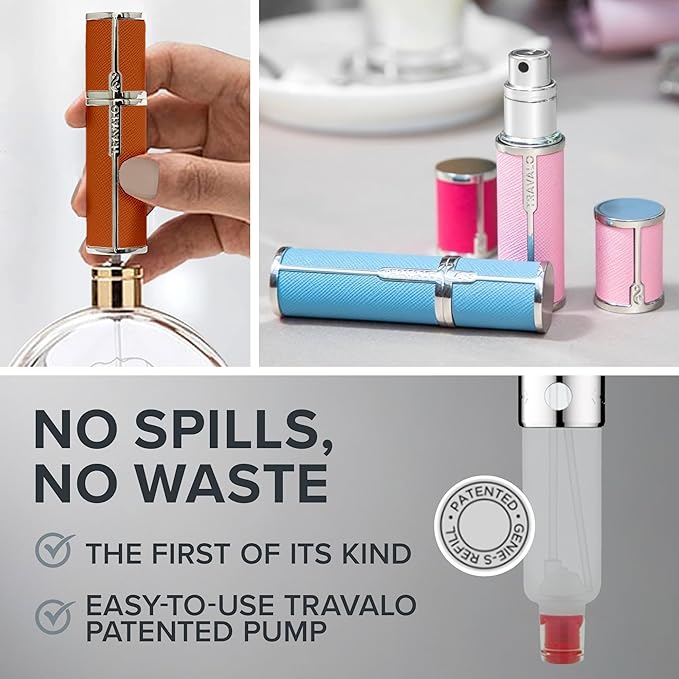Milano Perfume Atomizer - Leak-Proof and TSA Approved for Air Travel - Reusable, Airtight, Easy Fill Mini Pump Sprayer - Lightweight, Vegan Leather with Polished Metal Outer Shell - Orange
