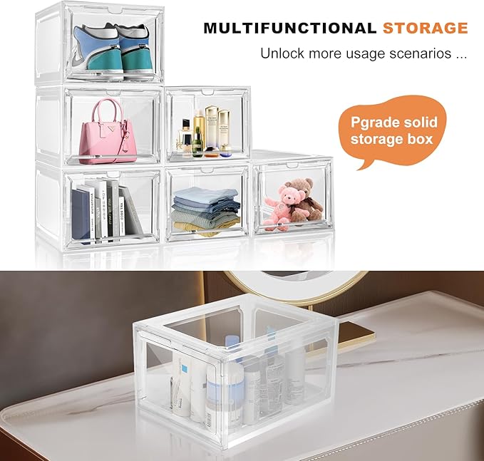 Shoe Box, Clear Shoe Storage Organizer with Magnetic Door,Stackable Plastic Shoe Boxes for Sneakers,and Heels,Durable Shoe Cabinet Organizer Space-Saving Foldable Shoe Rack for Closet, (clear, 4 pcs)