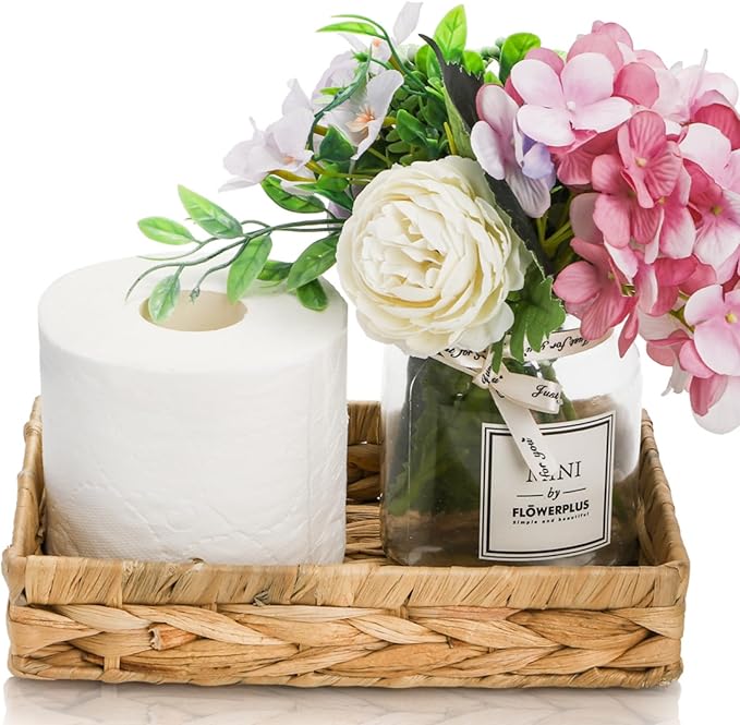 3 Packs Wicker Storage Trays, 10" Rattan Vanity Trays, Handwoven Toilet Paper Holder for Bathroom Towel, Rectangular Water Hyacinth Organizer for Countertop, Tank Topper, Shelves