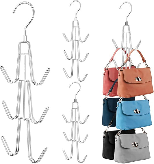 Purse Hanger Organizer for Closet, 4 Pack Hanging Bag Holder, Keeping Purses Visible and in Good Condition, Metal Handbag Storage Hook Backpack Rack Space Saving Hanger, Silver