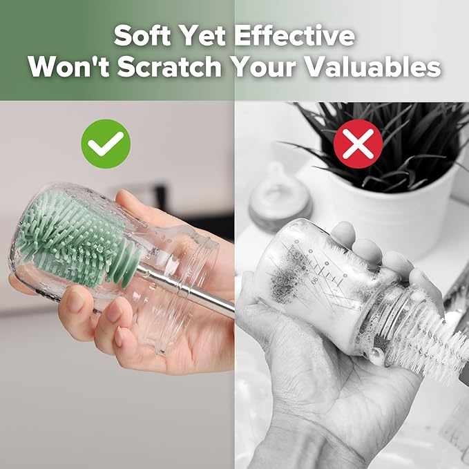 Silicone Cleaning Brush Kit - Baby Bottle Brush Cleaner for Breast Pump,Nipple,Breast Milk Storage Bag,Reusable Straw,Sippy Cup - Food Grade Silicone Bristles, Portable - 3 Pcs - Pea Green