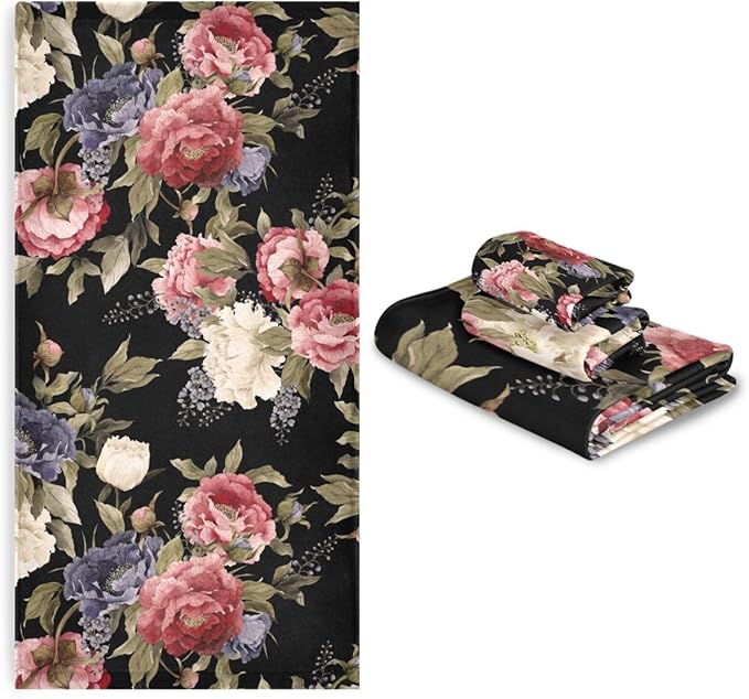 Vintage Peony Floral Bath Towels Set,Ultra Soft 3 Piece Watercolor Rose Flower Pattern Black Towels for Bathroom,1 Bath Towel 1 Hand Towel 1 Washcloth,Absorbent Decoractive Bathroom Towels