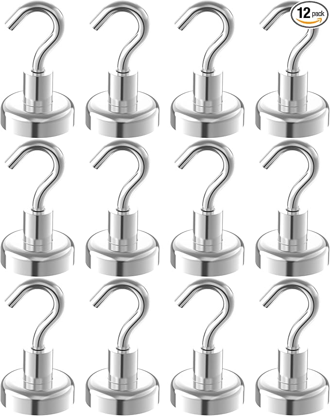 Strong Magnetic Hooks with 1 Inch Dia Magnet Base, 80lbs - 12Pack Heavy Duty Rare Earth Magnet Hook for Refrigerator,Extra Strong Cruise Hook for Hanging, Magnetic Hanger for Cabins, Grill