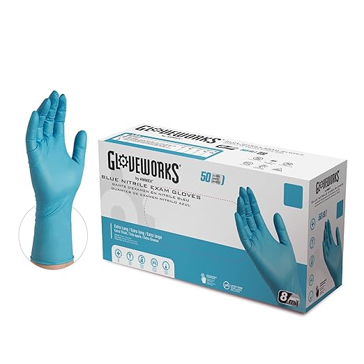 HD Medical Blue NitrileGloves - 8 mil, 12 inches Long, Latex Free, Powder Free, Textured, Disposable, Non-Sterile, Large,GPNHD66100-BX, Box of 50