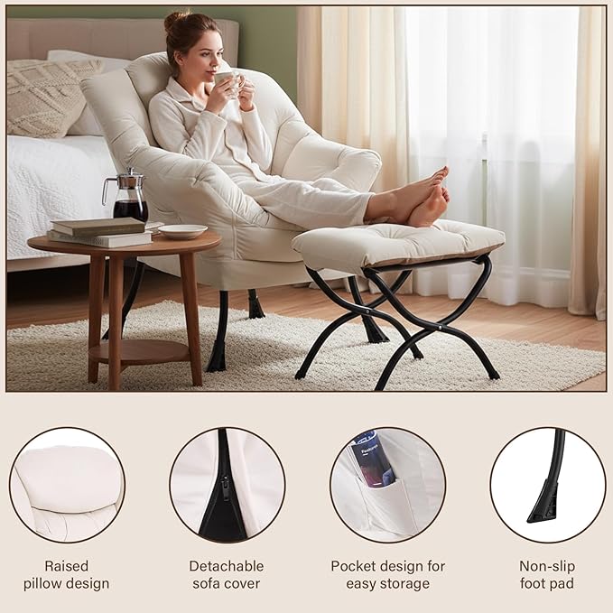 Welnow Lazy Chair with Ottoman, Modern Lounge Accent Chair with Armrests and a Side Pocket, Leisure Sofa Armchair, Reading Armchair with Footrest for Small Space, Beige