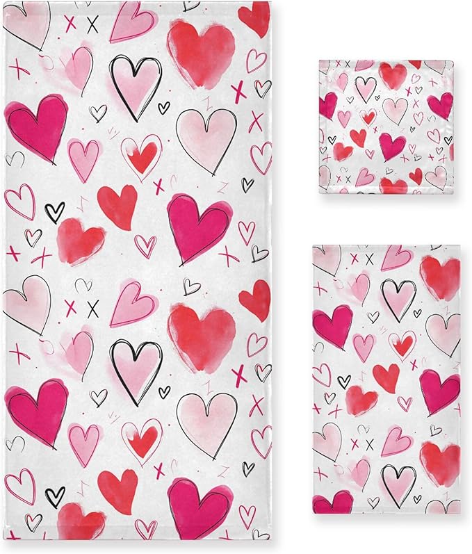 Doodle Romantic Pink Heart Towels Set of 3 Romantic Pink Red Love Spring Bathroom Towel Soft Absorbent Bath Hand Towels Washcloth Guest Towel Sets Mother's Valentine's Day Decorations