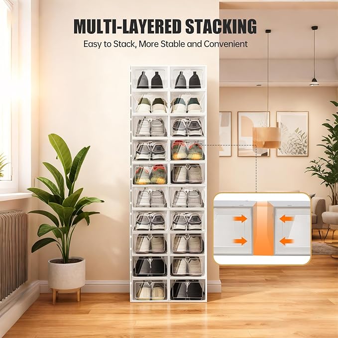 20-Pack Stackable Clear Shoe Storage Boxes, Foldable Shoe Organizer with Flip Doors & Heart Handles, Space-Saving Shoe Box Storage for Closet, Easy Access, Fits Up to US Size 10/9