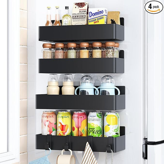 Magnetic Spice Rack for Refrigerator, Kitchen Organizer and Storage Shelf, Black (4 Pack)…