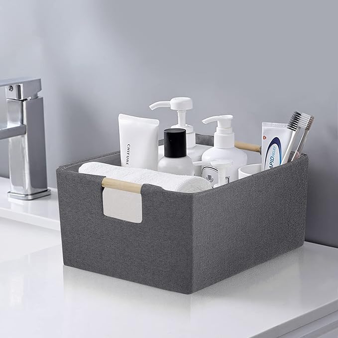 ANMINY 4PCS Storage Baskets for Organizing Collapsible Fabric Storage Bins Boxes with Wood Handles Closet Shelves Cube Organizer Bins Clothes Laundry Storage Container - Small, Gray