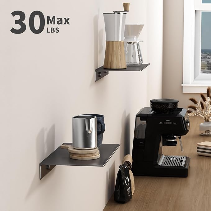Danpoo Grey Floating Shelves for Wall Storage, Metal Wall Shelves for Living Room, Bathroom, Kitchen, Small Display Shelves for Collectibles, 8”(2 PCS)