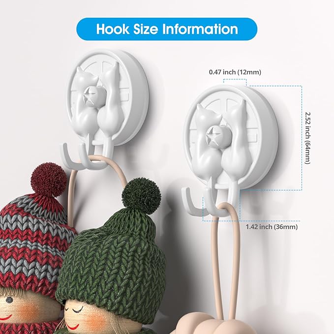 AST Cute Double-Cat Suction Cup Hook, 2 Pack, Heavy Duty Hooks, Upgraded Reliable Force of Both Adhesion and Vacuum, Wall Holders for Loofah, Towel, Coat and Bath Robe, Waterproof Hanger, Matte White
