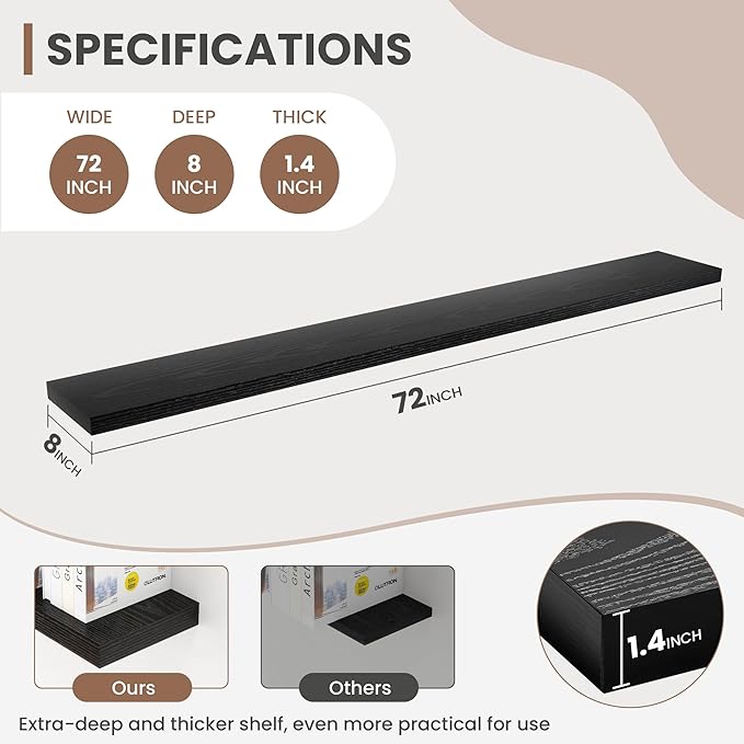 72 Inch Floating Shelves, 8 Inch Deep Floating Shelves for Wall, Hanging Shelf with Invisible Brackets, Deep Shelves for Bathroom, Bedroom, Living Room, Black, Set of 1