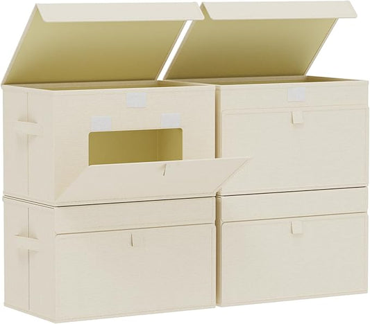 Convenient Storage Bins for Taking Clothes, Fabric Boxes with Flip Cover, Collapsible Organizer with Handles, Cube Baskets for Home, Bedroom, Closet, 15x9.8x9.8in, Beige, 4 Pack
