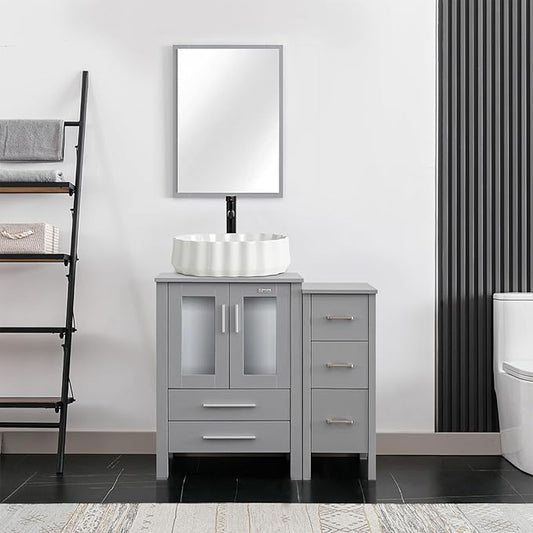 eclife 36" Modern Bathroom Vanity Sink Combo Freestanding Cabinet with Small Side Cabinet, White Shell Ceramic Vessel Sink, Water Save Faucet, Drain (Gray+T54)