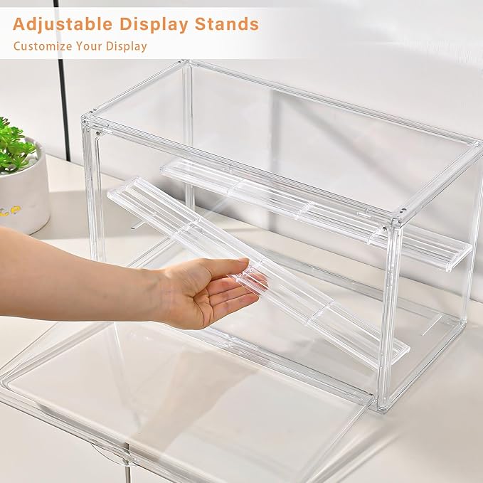 Clear Acrylic Display Case for Collectibles - 3-Tier Adjustable Figure Display with Magnetic Door & Removable Shelves,Stackable Dispaly box for Figures - 2 Pack