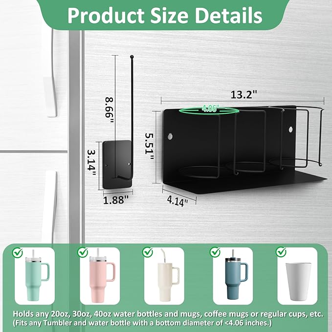 Magnetic Cup Holder for Fridge Water Bottle Organizer for Cabinet, Magnetic Cup Holder Heavy Duty with Tumbler Lid Organizer for 20oz 30oz 40oz Cup Accessories Storage (Black)