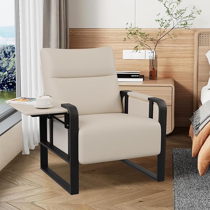 Modern PU Leather Accent Chairs Set of 2 Upholstered Armchairs with Tray Table Leisure Side Chairs for Living Room Bedroom Office Beige
