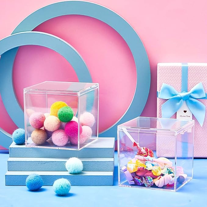 Blulu 8 Pcs Clear Acrylic Box with Lid Plastic Jewelry Mini Storage Box Mini Cube Containers for Candy and Tiny Jewelry Easter Party Favor(3.3 x 3.3 x 3.3 Inch,Classic Style)