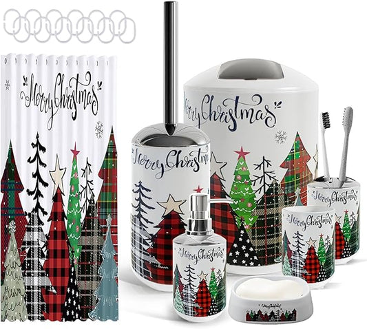 Clara Clark Bathroom Set - Christmas Shower Curtain Set, 19PC Bathroom Accessories Set, Christmas Bathroom Decor, Xmas Bathroom Accessory Set, Soap Dispenser, Toilet Brush, & Trash Can