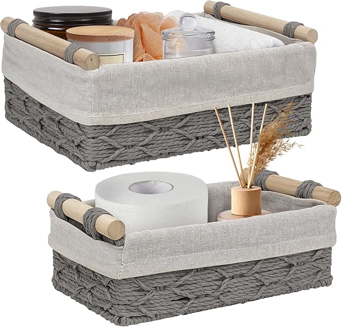 Wicker Storage Baskets with Wooden Handle, Decorative Paper Rope Organizer Bins for Home, Bathroom, or Countertop, Small Baskets Set of 2 (Grey)