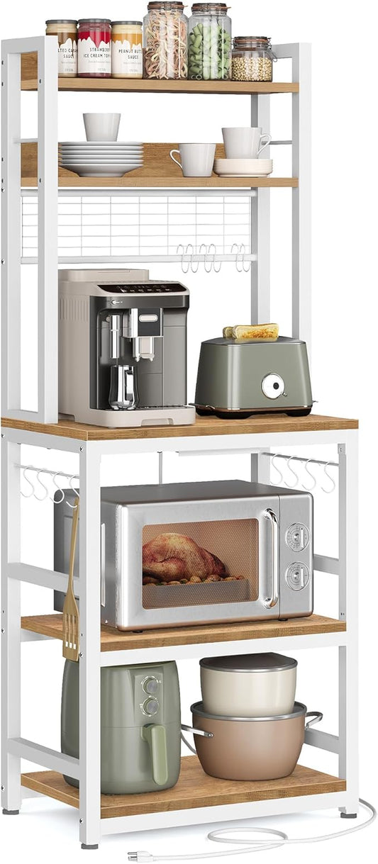VASAGLE Bakers Rack with Power Outlet, Microwave Stand, Kitchen Tall Utility Storage Shelf, with Metal Wire Panel, 14 Hooks, 15.7 x 23.6 x 66.9 Inches, Rustic Walnut and Cloud White UKKS037W41