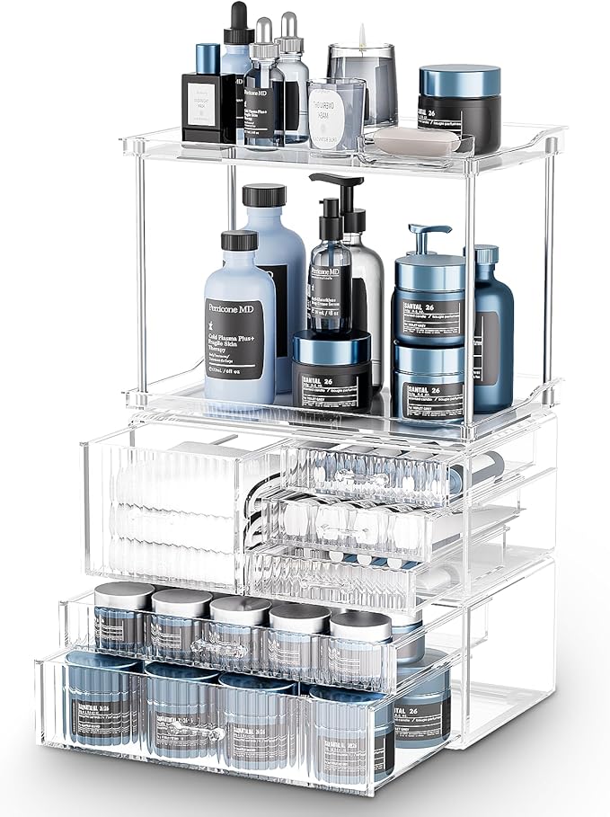 Acina Bathroom Countertop Organizers and Storage: 2-Tier 6-Drawer Makeup Organizer Countertop, Easy to Install, Ideal for Bathroom Storage, Vanity, Perfume, Large Skincare Items, Present, Clear