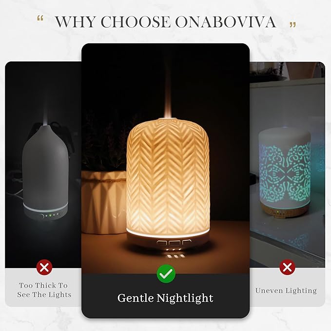 Essential Oil Diffuser - 2.4MHz Ultrasonic Ceramic Diffuser for Home, 120ml, Pulse&Continuous Mist, Bright/Dim/Breathing Lighting, Waterless Auto-Off, Aromatherapy Diffuser with USB Cable