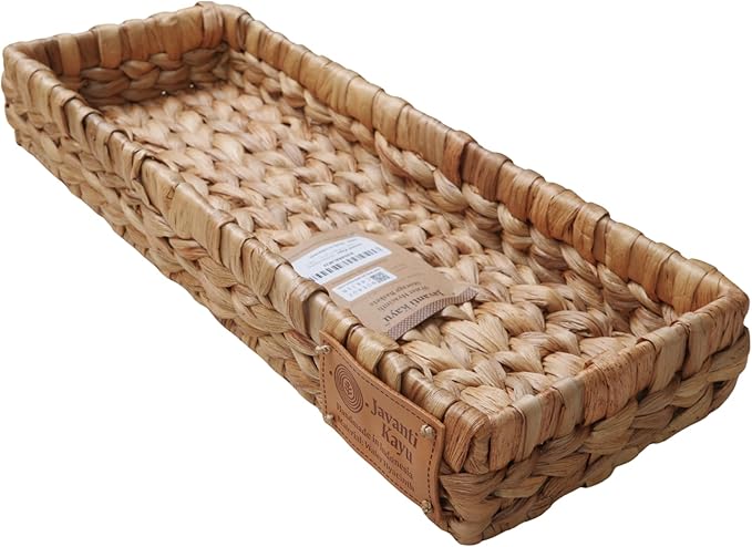 Handmade Water Hyacinth Wicker Storage Basket – Rectangle Organizer Bin for Shelves, Blanket, Bathroom, Closet, Toilet Tank – Decorative & Durable (1, 17.5"x6.7"x2.5")