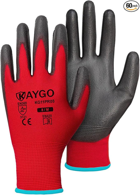KAYGO Work Gloves for Men and Women, 60 Pairs Seamless Knit PU Coated Safety Gloves, with Smooth Grip on Palm and Fingers, Ideal for Light Warehouse, Manufacturing, Gardening, KG11P (M, Red)