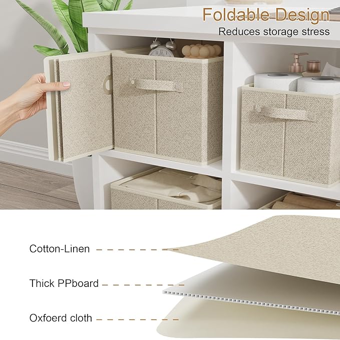 Open Storage Baskets, Collapsible Cube Bins, Fabric Container Organizer with Metal Handles, Boxes for Shelves, Closet, Living Room, 15x9.8x9.8in, Grey and Beige, 2 Pack