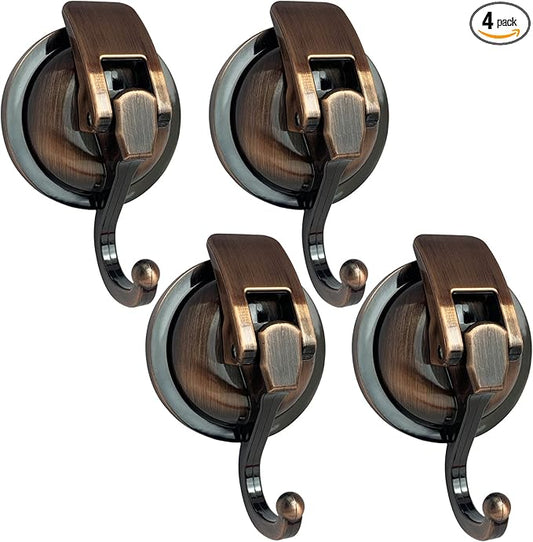 Heavy Duty Vacuum Suction Shower Hooks - Glass Suction Cup Hooks, Bathroom Robe Hooks - Reusable, No Hole Punched - Antique Brass, 4 Pack