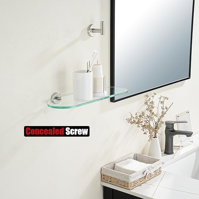 JQK Bathroom Glass Shelf, Tempered Glass Shower Storage 16 by 5 inches, 304 Stainless Steel Brushed Finish Wall Mount, TGS121L16-BN