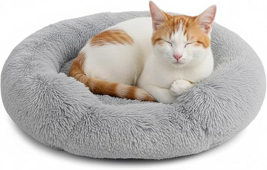 Fluffy Dog Bed Calming Donut Beds for Large Dogs Warming Round Small Medium Pet Nest Cozy Cat Mattress Indoor Washable Puppy Kennel Kittens Sleep Mat (XS, 20×20 inch, Gradient Gray)