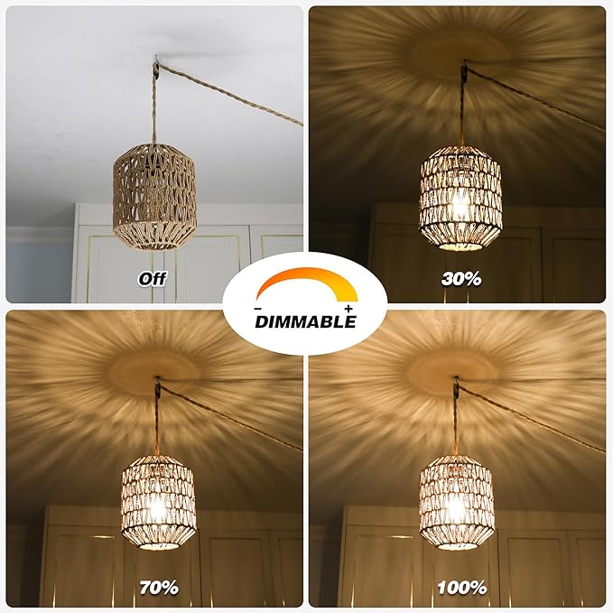Plug In Pendant Light, 15FT Hemp Rope Cord,Hanging Lights With Plug In Cord Dimmable Rattan Hanging Lamp Wicker Woven Basket Lampshade, Industrial Plug In Ceiling Light Fixture For Kitchen (brown)