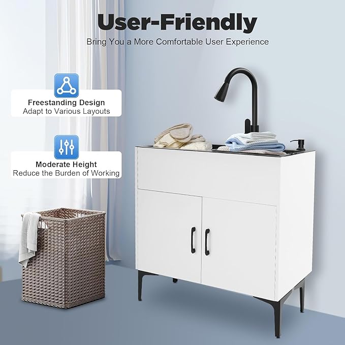 30-Inch Laundry Sink with Cabinet and Pull-Out Sprayer Faucet, Freestanding Kitchen Sink Cabinet with Stainless Steel Sink & Draining Basket, Wash Station Tub for Laundry & Utility Room, Bathroom