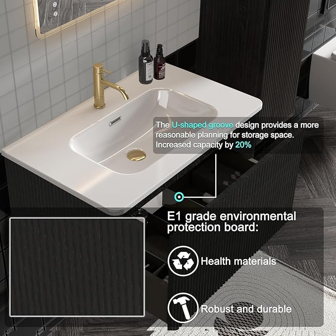 Wall Mounted Floating Bathroom Vanity with Sink Large Storage Modern Design One-Piece Sink Basin Minimalist Cabinet Built-in Overflow for Contemporary Bathrooms