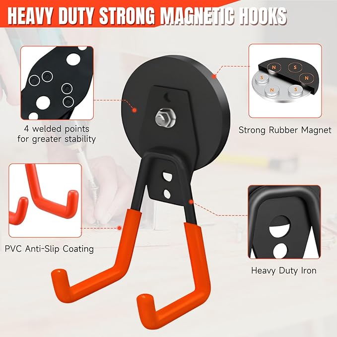 Magnetic Hooks 4 Pack, Large Strong Magnetic Hooks Heavy Duty with Anti-Slip Coating, Garage Magnet Hooks for Hanging Garden Tools,Drills,Hoses. Ideal for Metal Cabinet,Tool Cart,Workshop