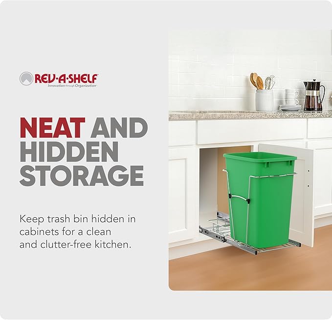 Rev-A-Shelf Pullout Trash Can for Kitchen Cabinets 35 Qt Garbage Waste Recycling Bin with Full Extension Slides, Green, RV-12KD-19C-S