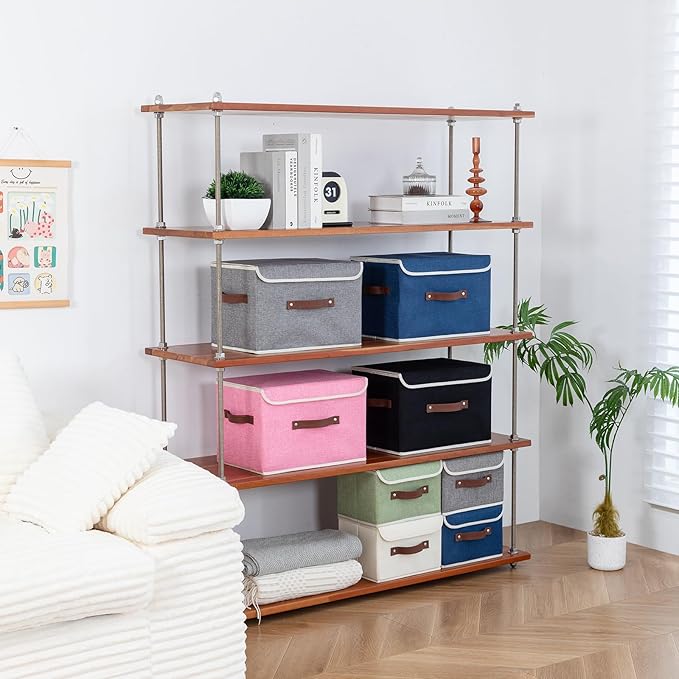 Collapsible Storage Boxes Baskets with Lid Cotton Linen Fabric Storage Bins with Faux Leather Handles Decorative Washable Cube Organizer Container for Home Closet Bedroom (Gray, Large Size)
