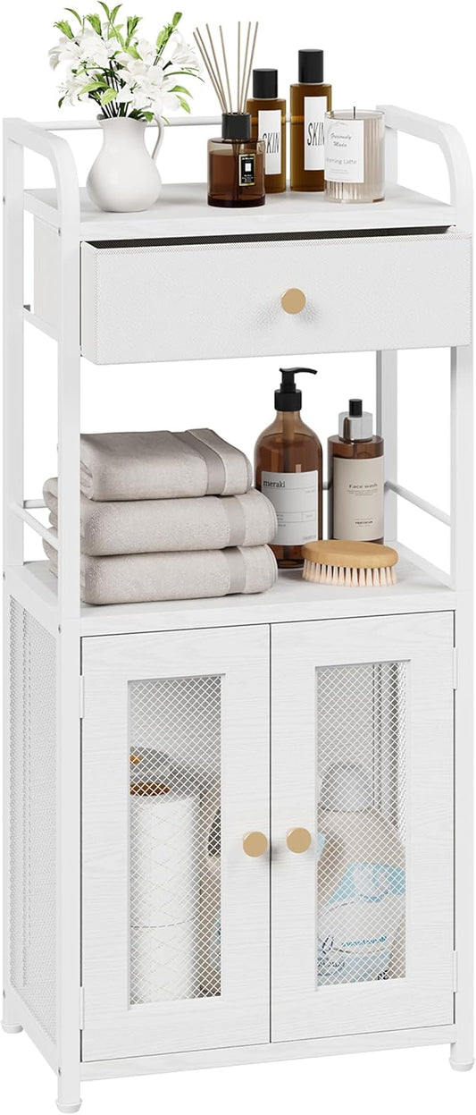 SWTYMIKI 14.57"x32.28" Bathroom Storage Cabinet – Freestanding Toilet Paper Storage with Doors & Drawer, Bathroom Organizers and Storage for Small Spaces, Laundry Room, Ideal for Towels, White