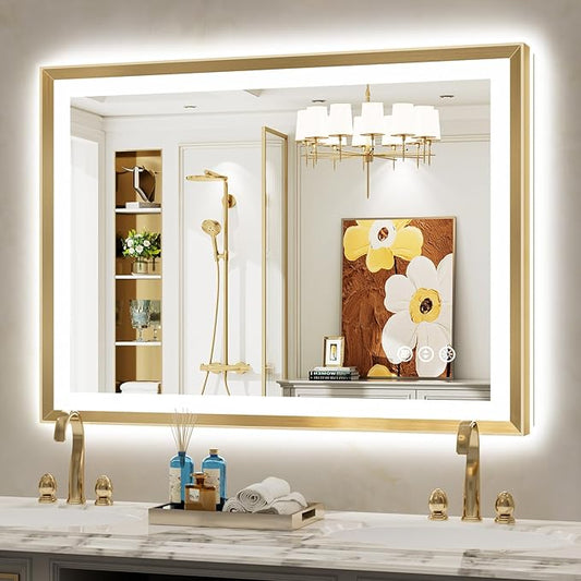 44x32 Gold Framed LED Bathroom Mirror with Lights, Backlit and Front Light, Lighted Bathroom Vanity Mirror for Wall Dimmable Anti-Fog Memory Tempered Glass Horizontal/Vertical