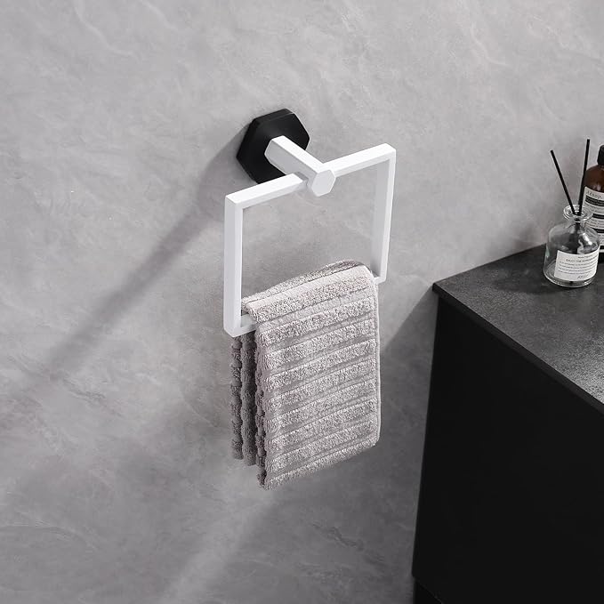 GERZWY Bathroom 2-Piece Hardware Set Stainless Steel Wall Mount - Towel Ring Toilet Paper Holder, White & Black