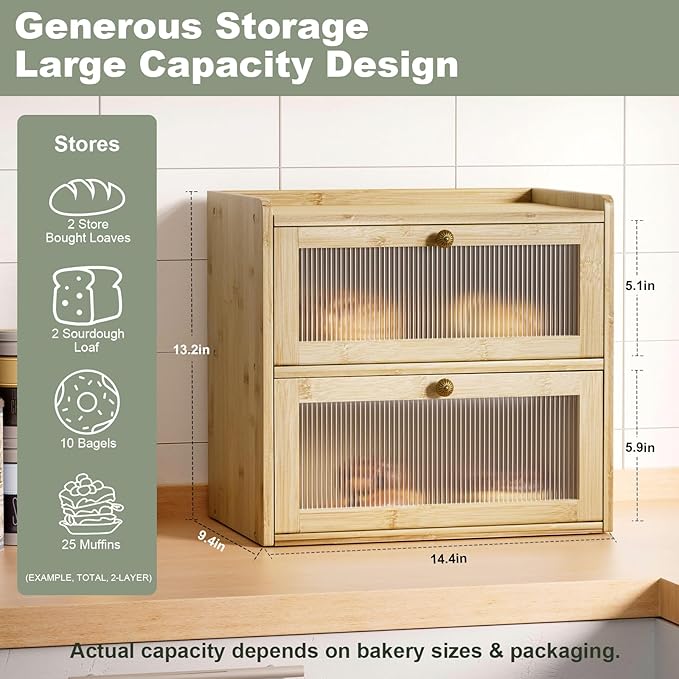 Bread Box for Kitchen Countertop Wooden Bread Storage Container Bin 2 Layer Corner Breadbox Large Capacity, Vintage Farmhouse Food Organizer Pantry Shelf with Window - Natural Bamboo