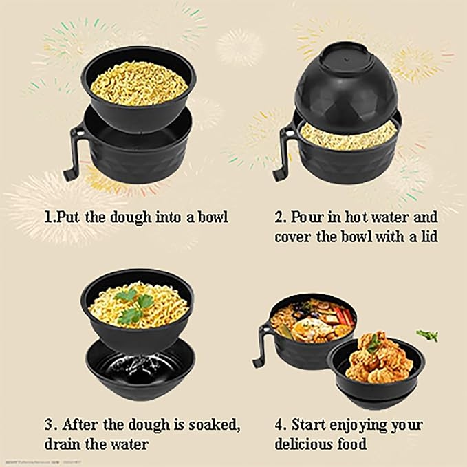 Microwave Ramen Bowl Cooker Set - Wheat Straw Instant Noodles Bowl with Handles, Ramen Noodle Cooker with Spoon Chopsticks Fork, College Dorm Room Apartment Essentials (Black+White)