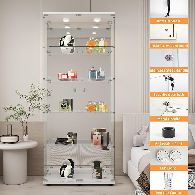 LFT HUIMEI2Y Glass Display Cabinet 5-Shelf with LED Light, Mirror and Lock, 2 Door Curio Cabinets, Tempered Glass Collection Display Showcase for Bedroom, Living Room White