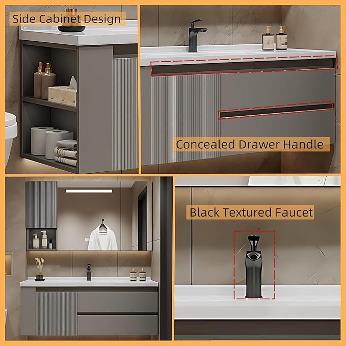 60IN Suspended Bathroom Cabinet Combo Set - Fully Functional LED Mirror with Smart Defogging & Time Display | Bathroom Vanity with Sink,Side Cabinet Storage Compartment (Style A)