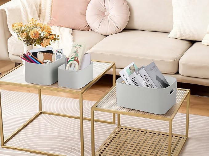 HofferRuffer Faux Leather Storage Baskets Bins with Velvet Lining for Organizing, Storage, Gifts, Set of 3 Nesting Shelf Baskets Decorative Storage Boxes for Home Organization (Grey)