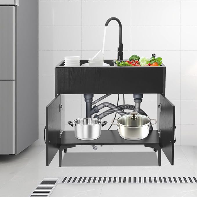 Laundry Room Double-bowl Sink Cabinet, Utility Sink Cabinet with Cold & Hot Faucet Freestanding, Bathroom Kitchen Stainless Steel Laundry Sink 31.89x16.93x30.71in (Black)