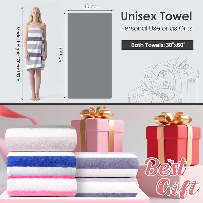 Microfiber Bath Towels, Bath Towel 2 Pack 30" x 60", Oversized, Soft, Super Absorbent and Fast Drying, Multipurpose Bathroom Towel Set for Sport, Fitness, Yoga, Coral Fleece Stripe Purple