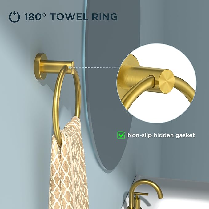 FORIOUS 4 Piece Bathroom Accessories, SUS304 Stainless Steel Toilet Paper Holder, Towel Ring and 2 Towel Hooks, Wall Mounted Bathroom Hardware Set (Brushed Gold)
